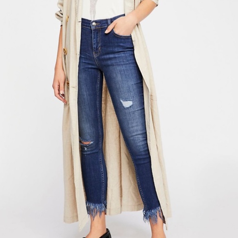 Free People Boho Jeans Fringe Hem Distressed Skinny Ankle Jeans Sz 25